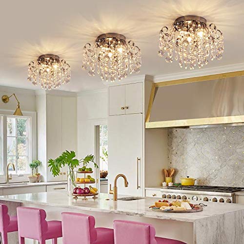Q&S Small Crystal Chandelier Flush Mount Ceiling Light 3 Lights Modern Chrome Iron Raindrop Crystal Ceiling Fixture for Bedroom Hallway Closet Entryway Stairs Q&S