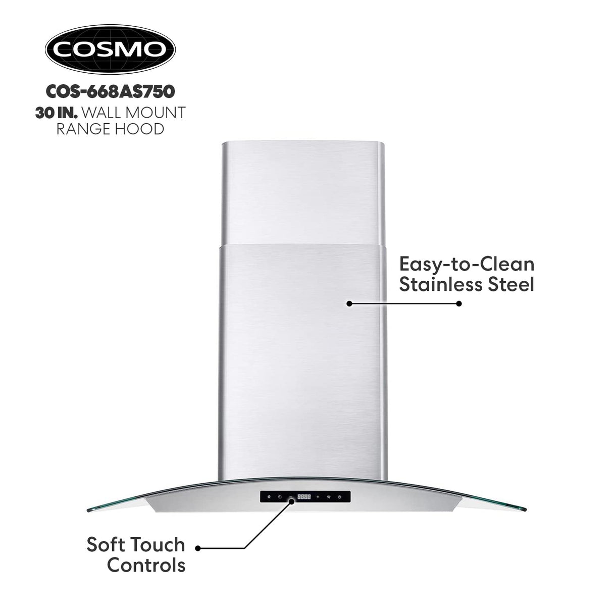 COSMO COS-668AS750 30 in. Vista Collection 380 CFM Ducted Wall Mount Range Hood, Touch Controls, LED Lights, Stainless Steel COSMO