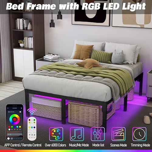 HusDream King Size Bed Frame King Platform Bed Frame with LED Lights 14 Inch Tall Mattress Base No Box Spring Needed Modern Beds with Charger Station,Anti-Sliding,Noisy Free (14 Inch, King) HusDream