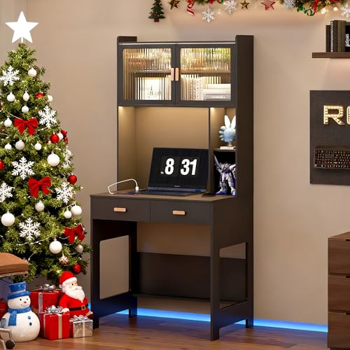 LVSOMT Home Office Desk with Hutch and Drawers, Modern Computer Gaming Desk with LED Lights & Power Outlets, Black Study Table with Storage Shelves, Teen Writing Desk for Bedroom, 31.5'' W LVSOMT