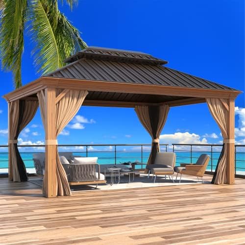MELLCOM 12' X 14' Hardtop Gazebo, Wooden Finish Coated Aluminum Frame Gazebo with Galvanized Steel Double Roof, Brown Metal Gazebo with Curtains and Nettings for Patios, Gardens, Lawns MELLCOM