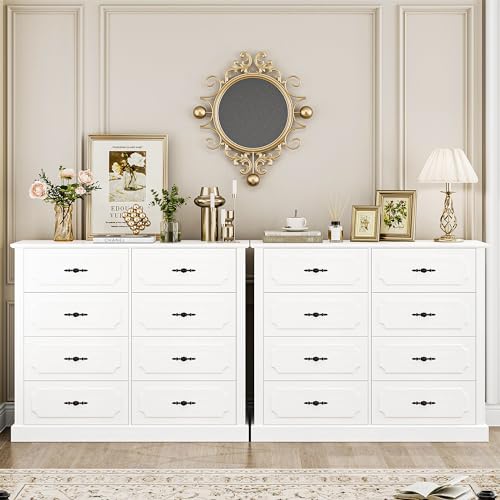 finetones White Dresser Chest of Drawers, Wood Dresser 8 Drawer with Steel Handles, Modern Dresser Drawers Floor Storage Cabinet for Living Room Hallway Office finetones