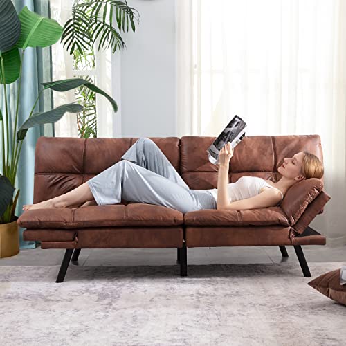 Opoiar Leather Futon Sofa Bed,Convertible Memory Foam Couch Bed,Futon Sets Daybed with Mattress Included,Folding Modern Sleeper Sofa Love seat for RV Car Living Room&Bedroom Small Space,Brown Opoiar