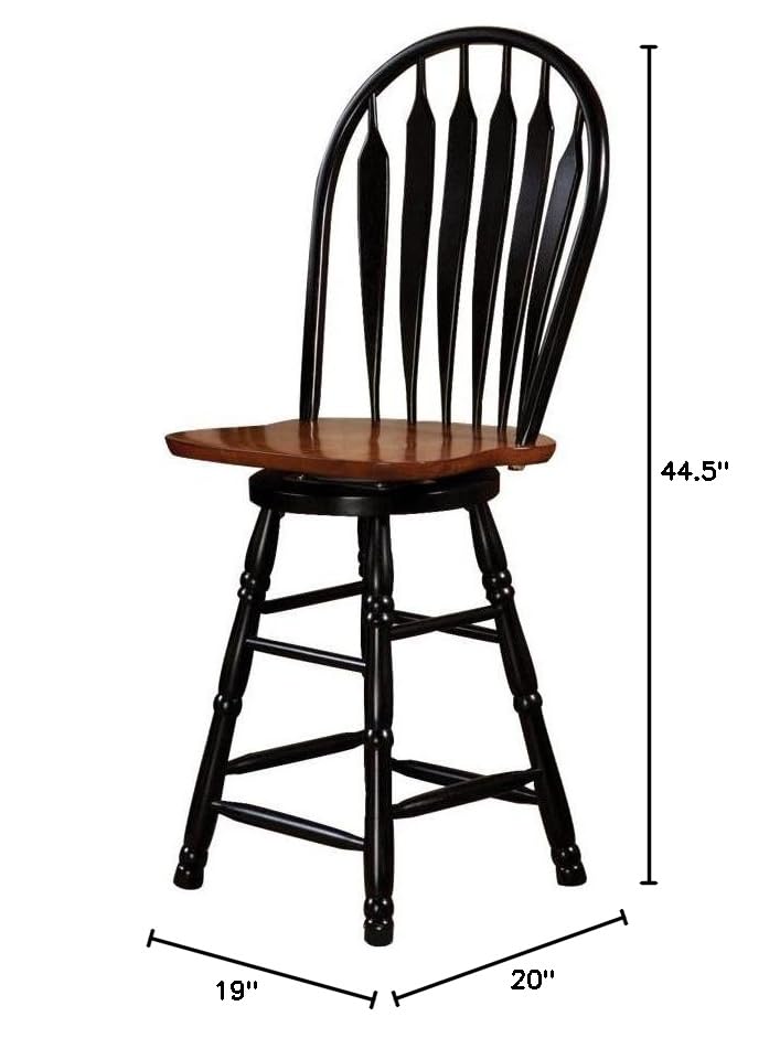 Sunset Trading Selections 24" Counter Height Swivel Barstool | Farmhouse Country Cottage Windsor Arrowback Café Stool | Antique Black & Cherry Solid Wood | Dining Room Kitchen Home Bar Furniture Sunset Trading