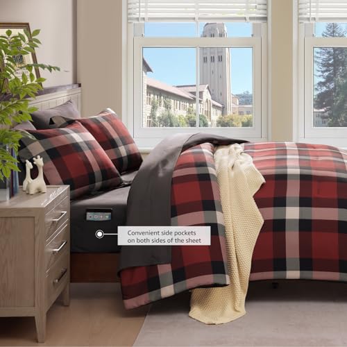 AMBERSPACE Twin XL Comforter Set, Red Plaid Bedding Set 5 Pieces for Boys Girls, Classic Checkered All Season Bed in a Bag for Dorm with Sheets, Pillowcase & Sham AMBERSPACE