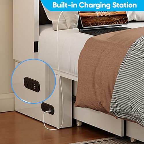 Mjkone 63" Width Queen Size Murphy Bed Cabinet with Charging Station, Mattress Included, Storage Cabinet Murphy Bed Chest Cabinets with Foldable Panel for Guest Small Spaces, Home Offices, White Mjkone