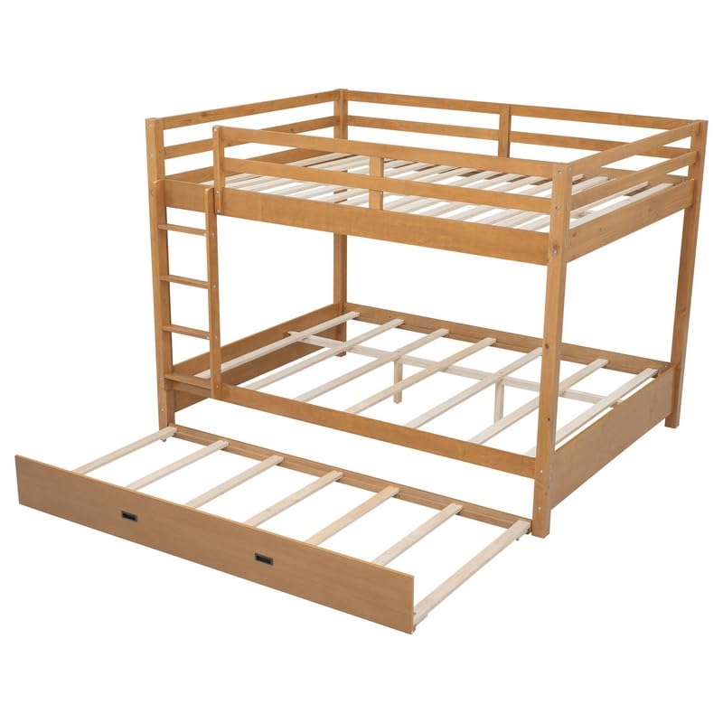 Merax Queen Size Bed with Trundle - Space-Saving Solid Wood Frame, Built-in Safety Rails and Ladderm, Wood Merax