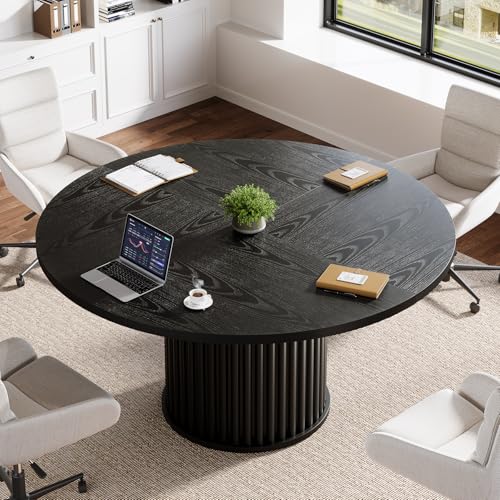 Tribesigns 47-Inch Round Conference Table, Black Meeting Table for 4-6 People, Small Office Desk with Sturdy Metal Base, Perfect for Conference Room or Small Workspaces, Black Tribesigns