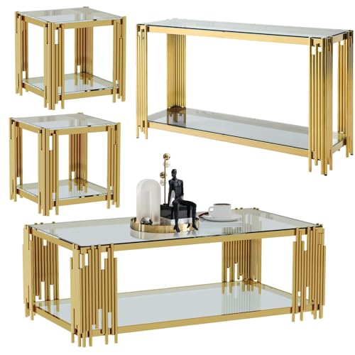 Goujxcy Gold Coffee Table Set of 4 Luxury 2-Tier Black Glass Coffee Table Console Table & 2 End Table w/Mirrored Stainless Steel Frame 4 Pieces Living Room Table Set for Home Office Goujxcy