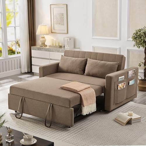 N NOORDENIYA 55.5" Fabric Convertible Sofa Bed, Pull Out Sleeper Sofa Bed, Loveseat Couch with Side Pocket, 3 in 1 Convertible Sleeper Sofa Bed for Living Room, Apartment, Bedroom, RV, Brown N NOORDENIYA