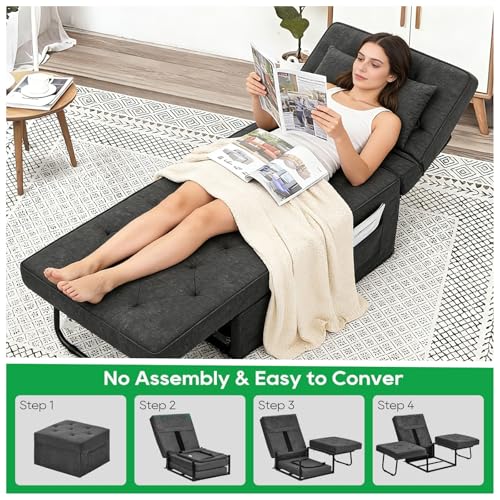 PORWEY Sleeper Chair Sofa Bed, 4-in-1 Convertible Futon Chair Multi-Function Couch Folding Ottoman with Adjustable Backrest for Living Room Apartment Office, No Assembly Required, 29” Width,Dark Gray PORWEY