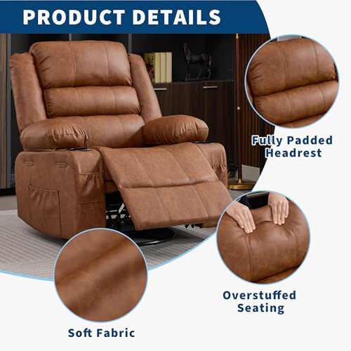 Rocking Recliner Chair for Adults PU Leather Wide 360° Swivel Rocker Recliner with Cup Holder Nursery Glider with Upholstered Deep Seat Lazy boy Chair for Living Room Brown