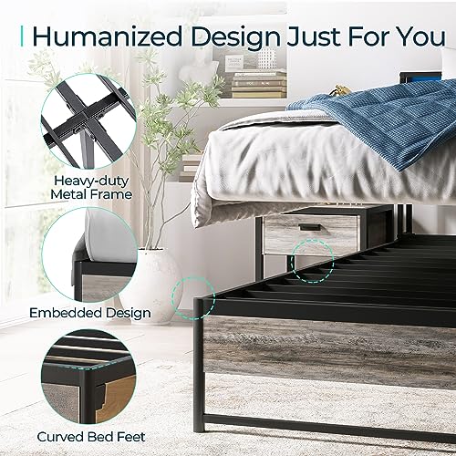 LINSY Queen Bed Frame with Ergonomic Headboard, Platform Metal Bed Frame with RGB Lights, Outlets & Charger, 45 Minutes Fast Assembly Bed Queen Size with Storage, No Box Spring Needed, Greige LINSY