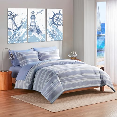 Codi Queen Size Comforter Sets with Sheets, Modern Blue and White Striped Bed in a Bag, 7-Piece Complete Bedding Set Including Reversible Comforter, 2 Sheets, Pillowcases & Shams Codi