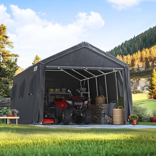 ADVANCE OUTDOOR 13x20 ft Carport 2 Roll up Doors & Vents Outdoor Portable Storage Shelter Garage Tent for Vehicle Boat Truck Anti-UV Snow Resistant Waterproof, Gray ADVANCE OUTDOOR
