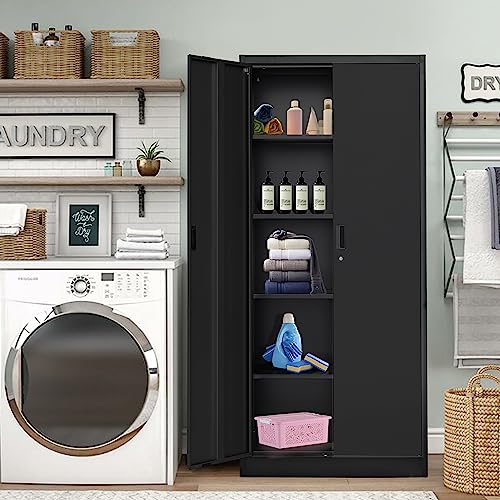 YEEZER Metal Storage Cabinet 71” with 2 Doors and 4 Adjustable Shelves, Garage Steel Locking Cabinet, Tall Cabinets Lockable File Cabinet for Home, Office, Garage, Gym, School. (Black) YEEZER