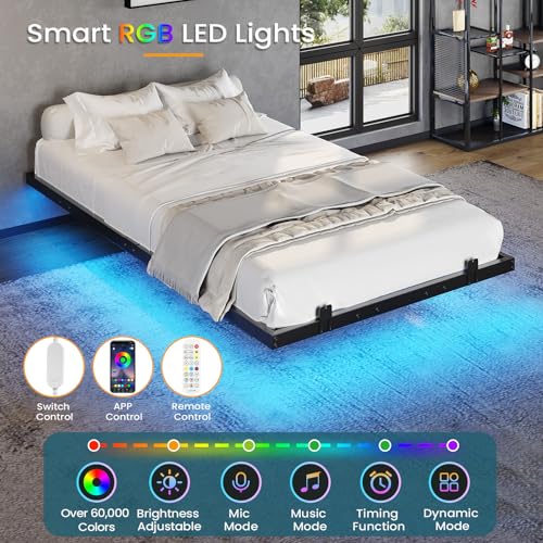 DICTAC Floating Bed Frame Twin XL Size with LED Lights, Metal Platform Twin XL Bed with Heavy Duty Steel Slats and 4 Mattress Slide Stopper, Black DICTAC
