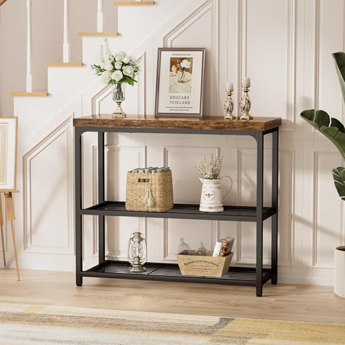 Besiost 32" Small Console Table with Storage, 3-Tier Industrial Narrow Entryway Table with Mesh Shelves, Sofa Table Behind Couch for Hallway Foyer Living Room, Sturdy Metal Frame, Rustic Brown Besiost