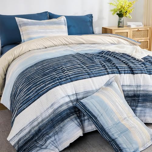 WONGS BEDDING Blue Comforter Set Full Size, 7 Pieces Full Bed in a Bag for All Season, Soft and Breathable Striped Bedding Set with Boho Comforter, Flat Sheet, Fitted Sheet, Pillowcases & Shams WONGS BEDDING