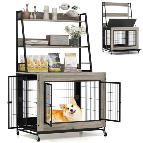 Giantex Dog Crate Furniture with Storage Shelves, 38" Furniture Style Indoor Dog Kennel on Wheels, 3 Doors, Flip Top Lid, Removable Pull-Out Tray, Dog Cage Pet House for Large Dogs, Oak Gray Giantex