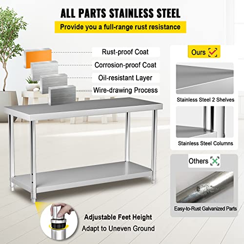 VEVOR Stainless Steel Prep Table, 72 x 30 x 34 Inch, 550lbs Load Capacity Heavy Duty Metal Worktable with Adjustable Undershelf, Commercial Workstation for Kitchen Restaurant Garage Backyard VEVOR