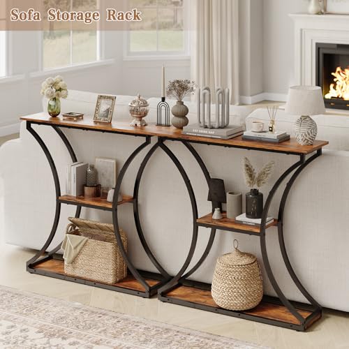 HavenlyYouth Narrow Console Table for Entryway, Industrial 3-Tier Sofa Table Behind Couch, 29.5" Height TV Stand with Storage Shelves for Living Room, Hallway, Entrance, Foyer, Rustic Brown HavenlyYouth