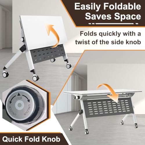 MOFGOE Folding Conference Table, Flip Top Training Table with Four Locking Wheels, Modular Office Desk with Strong Metal Frame, for Office, Conference Room, School,1 Pack,63 * 24 * 30in MOFGOE
