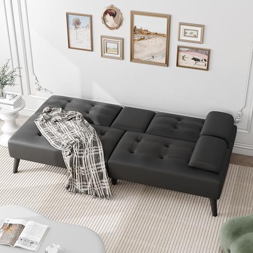 JAMFLY Futon Sofa Bed, 64" Small Futon Couch with Adjustable Backrest, 3-Angle Recliner, Detachable Armrests with Cup Holders for Small Spaces, Living Room, Apartment, Study Room (Black Leather) JAMFLY