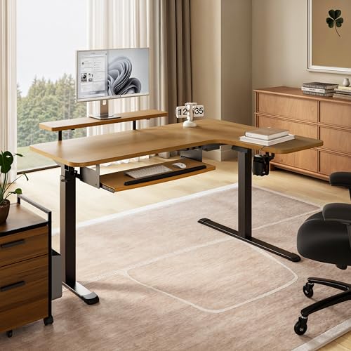EUREKA ERGONOMIC L Shaped Standing Desk w Solid Wood Tabletop,61" Electric Corner Computer Desk, Adjustable Height Desk w Keyboard Tray,Dual Motor,LED Monitor Stand,Right/Oak EUREKA ERGONOMIC