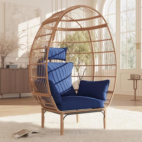 TrailBlaze Wicker Egg Chair, Oversized Patio Chair with Thick Cushion, Steel Frame and Metal Base, Waterproof, PE Rattan Lounge Chair for Indoor & Outdoor Patio, Living Room, and Backyard - Blue TrailBlaze