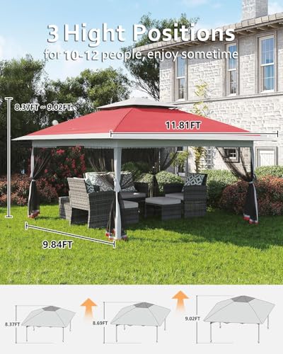 12x12FT Pop Up Gazebo, Instant Backyard Canopy Tent with Mosquito Net & Double Roof, Pop-Up Gazebo Canopies Adjustable Height for Patio, Party, Red SunnyFurn