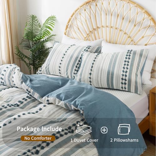 Washed Cotton Twin Size Duvet Cover Set - Tufted Dots Boho Chic Bedding for All Seasons, Striped Bohemain Bedding Linen Like Textured Breathable Durable Soft Comfy (Blue, 66''x90'') La Sheer