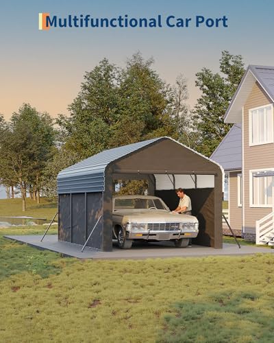 Garvee 10'X15'X9' Metal Carport, Enclosed Car Ports with Heavy Duty Steel Frame and 220 g Tarp, All-Weather Carport, for Sedans, Boats, and Tractors Garvee