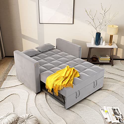 Convertible Sofa Bed, 3-in-1 Multi-Functional Velvet Sleeper Couch Pull-Out Bed, 48'' Loveseat Chaise Lounge with Adjustable Backrest and Pillows, Hidden Side Table for Living Room, Small Space ORRD