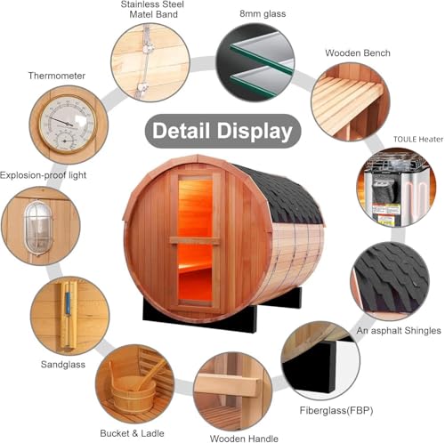 ZONEMEL Outdoor Barrel Steam Sauna, Canadian Red Cedar Sauna Room for 4-6 Person with 6KW Sauna Heater, Volcanic Stones, Asphalt Shingles, 8mm Tempered Glass, 220V, 195°F ZONEMEL