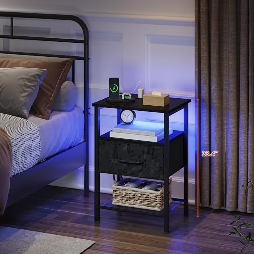 TRIFEBLE Night Stand Set 2, End Table with Charging Station, LED Bedside Table with Fabric Drawer for Bedroom, 3-Tier Side Table with Open Shelf, Black TRIFEBLE