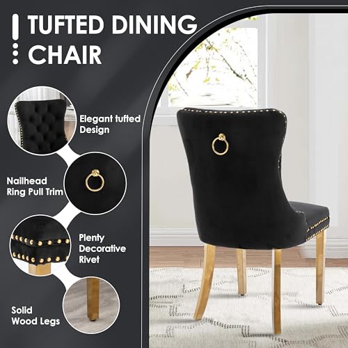 HAIZAO 5 Pieces Gold Round Glass Dining Table Set, Modern Luxury Circle Kitchen Set for 4, 36'' Clear Minimalist Circular Glass Top Dinner Room Set, Black High-end Tufted Chairs, for Small Place HAIZAO