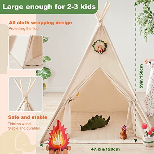 Tiny Land Kids-Teepee-Tent with Lights & Campfire Toy & Carry Case, Natural Cotton Canvas Toddler Tent - Washable Foldable Teepee Tent for Kids Tiny Land