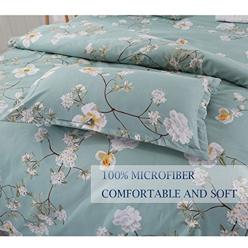 Nanko King Duvet Cover Set 3 Pieces 104X90 Size (1 Duvet Cover + 2 Pillow Shams) - Green Floral Printed -Soft Lightweight Luxury Microfiber - Teal Flower Comforter Cover Nanko
