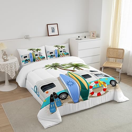 Erosebridal Ocean Beach Down Comforter Full Size, Cartoon Surfboard Bus Bedding Set, Palm Trees Comforter Set for Kids Boys Girls Teens, Tropical Coastal Summer Holiday Duvet Insert Bedroom Decor Erosebridal