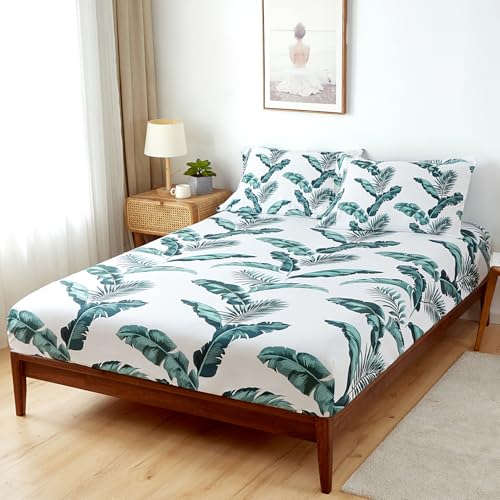 HENGWEITEXT Full Sheet Set, 4 Piece Bed Sheets for Full Size Bed Set, 17 Inch Sheets Deep Pocket, Soft and Breathable Microfiber, Wrinkle Free, Tropical Palm Tree Fronds Patterned Double Bedding HENGWEITEXT