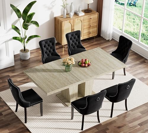 Goujxcy 7-Piece Extendable Dining Table Set for 6, 63-78 Inch Faux Travetine Kitchen Table Set with 6 Black Upholstered Chairs Modern Wood Expandable Dining Room Table Set for Kitchen Apartment Goujxcy