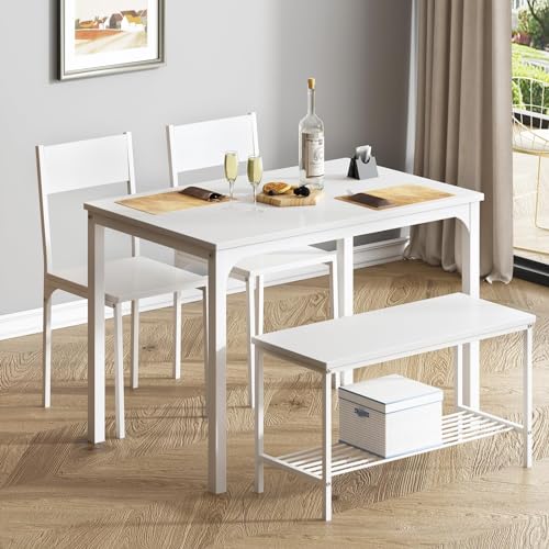 SogesPower Dining Table Set for 4, Kitchen Dining Table Set with 2 Chairs and 1 Bench, 4 Person Kitchen Table Set for Dining Room Restaurant Small Space, White SogesPower