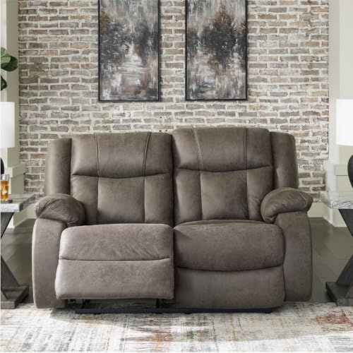 Signature Design by Ashley First Base Contemporary Faux Leather Manual Reclining Loveseat, Gray Signature Design by Ashley