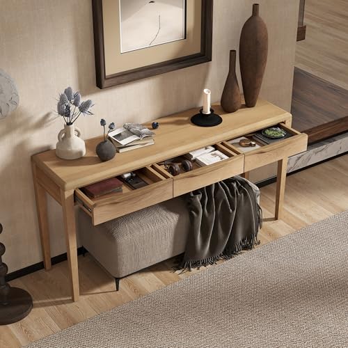 Merax 59.84'' Elegant Console Table with Oak Veneer,Light Luxury Entryway Table with 3 Drawers,Farmhouse Sofa Table with Soft-Corner Design,Suitable for Living Room, Foyer and Hallway, Natural Merax
