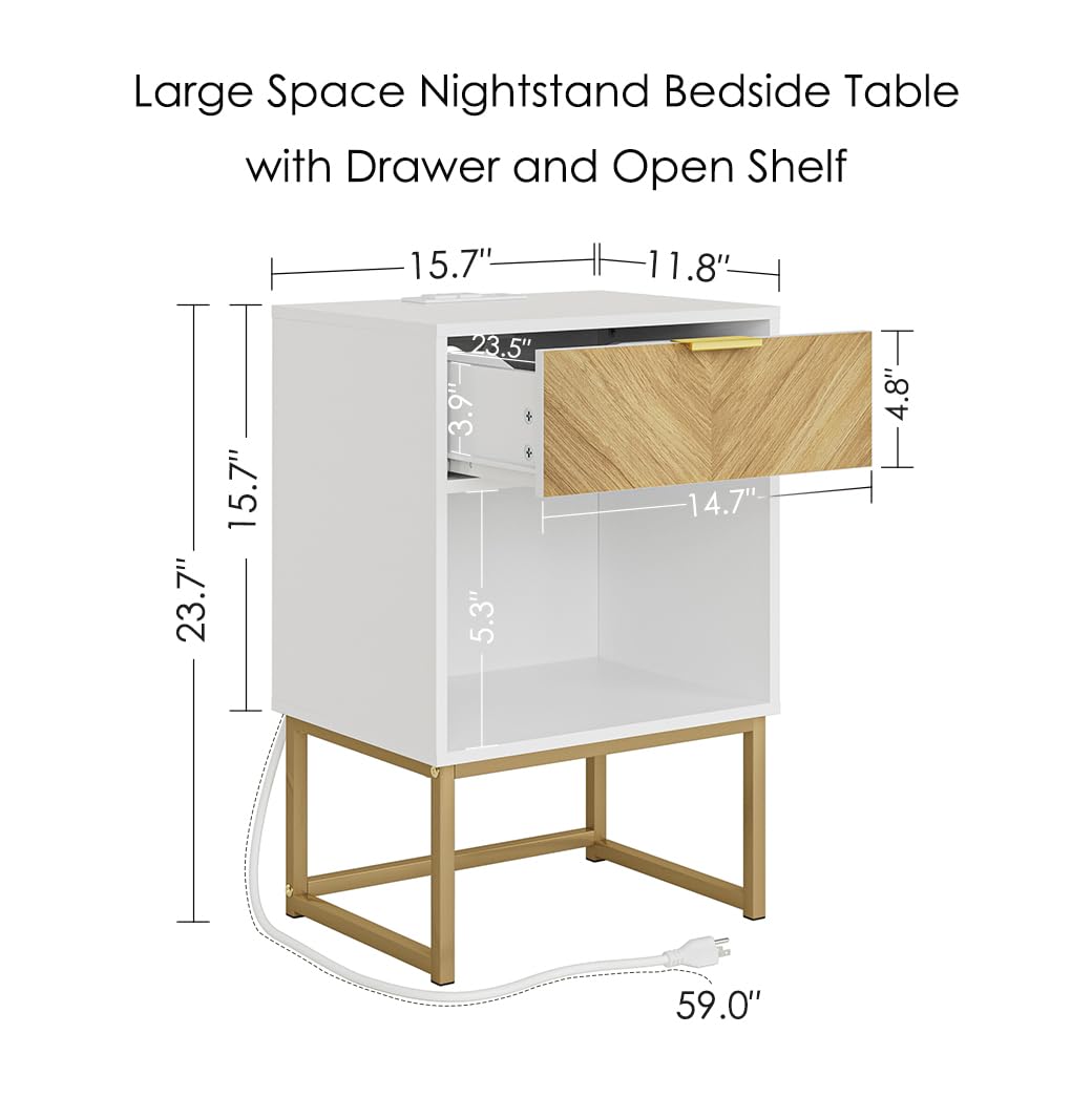 Masupu Night Stand with Charging Station,Modern Nightstand Boho Farmhouse Wood Bedside Table with Storage Drawer Side End Table for Bedroom,Living Room,Office,White with Outlet Masupu