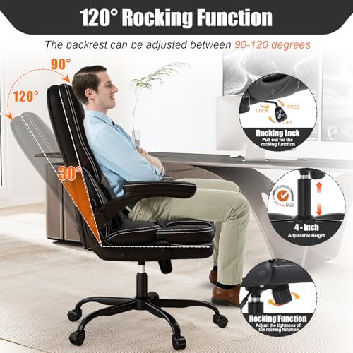 Ergonomic Office Chair with Flip-up Armrests 300lbs,Middle-Tall Computer Office Desk Chair with Lumbar Support,Executive Leather Chair with Rocking Function Adjustable Height for Home Office Box DesignLab