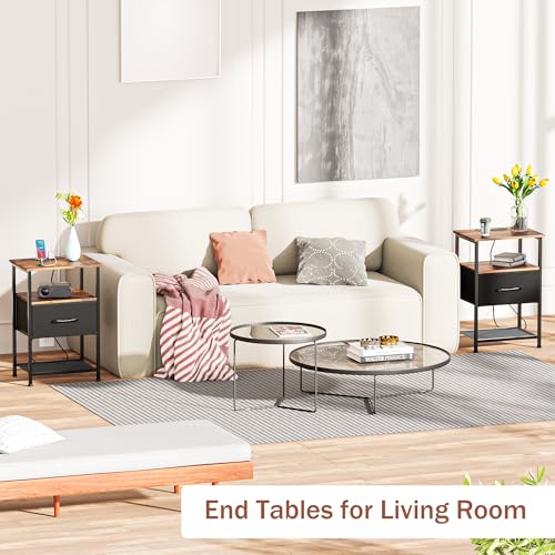 LAKEMID Nightstands Set of 2 with Charging Station and Drawer, End Table Bedside Table with 20 Colors LED Light Strip and 2 Layers Shelf for Bedroom Living Room Sofa (Rustic Brown) LAKEMID