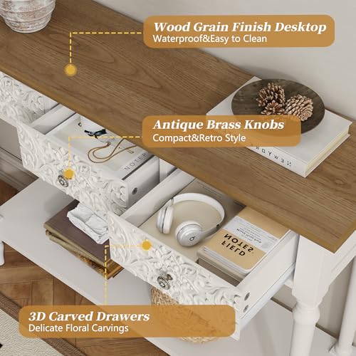 3More Entryway Console Table with 3 Drawers,42" Carved Hallway Table with Open Shelf,Long Sofa Table for Living Room, Hallway, Behind Couch,White 3More