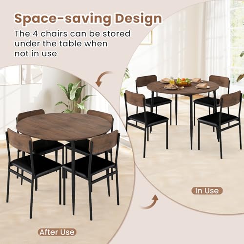 Giantex 5-Piece Dining Table Set for 4, 43.5" Round Kitchen Table and 4 Upholstered Dining Chairs with Drop Leaf Tabletop, Sturdy Metal Frame, Space Saving Farmhouse Dinette Set for Dinette Dinner Giantex